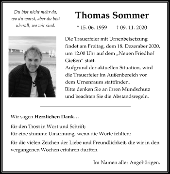 Traueranzeige von Thomas Sommer von Giessener Allgemeine, Alsfelder Allgemeine