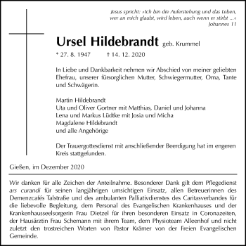 Traueranzeige von Ursel Hildebrandt von Giessener Allgemeine, Alsfelder Allgemeine