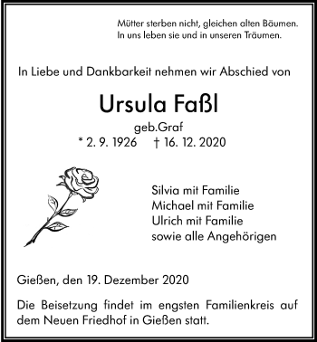 Traueranzeige von Ursula Faßl von Giessener Allgemeine, Alsfelder Allgemeine