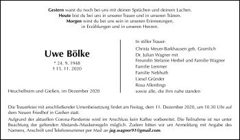 Traueranzeige von Uwe Bölke von Giessener Allgemeine, Alsfelder Allgemeine
