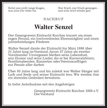 Traueranzeige von Walter Senzel von Wetterauer Zeitung