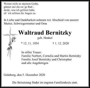 Traueranzeige von Waltraud Bernitzky von Giessener Allgemeine, Alsfelder Allgemeine