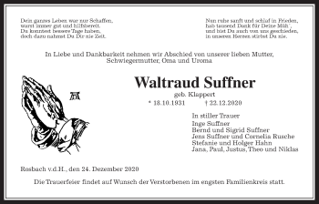 Traueranzeige von Waltraud Suffner von Wetterauer Zeitung