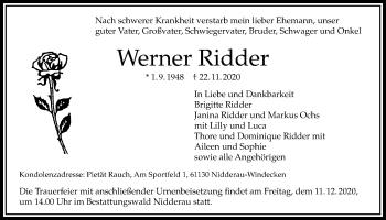 Traueranzeige von Werner Ridder von Bad Vilbel/Karben