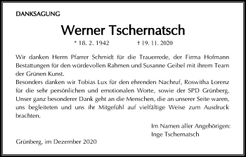 Traueranzeige von Werner Tschernatsch von Giessener Allgemeine, Alsfelder Allgemeine