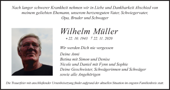 Traueranzeige von Wilhelm Müller von Giessener Allgemeine, Alsfelder Allgemeine