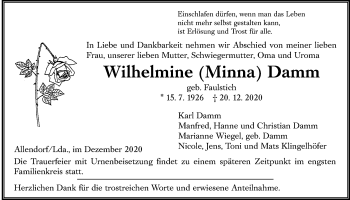 Traueranzeige von Wilhelmine Damm von Giessener Allgemeine, Alsfelder Allgemeine