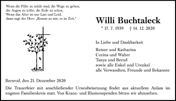 Traueranzeige von Willi Buchtaleck von Giessener Allgemeine, Alsfelder Allgemeine