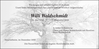 Traueranzeige von Willi Waldschmidt von Giessener Allgemeine, Alsfelder Allgemeine