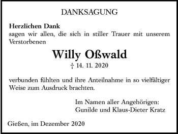 Traueranzeige von Willy Oßwald von Giessener Allgemeine, Alsfelder Allgemeine