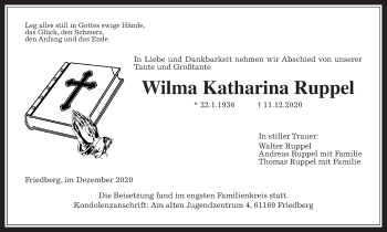 Traueranzeige von Wilma Katharina Ruppel von Wetterauer Zeitung