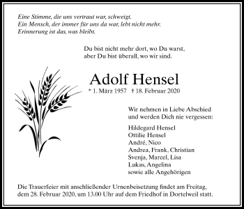Traueranzeige von Adolf Hensel von Bad Vilbel/Karben