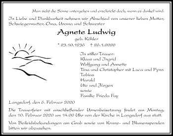 Traueranzeige von Agnete Ludwig von Licher Wochenblatt