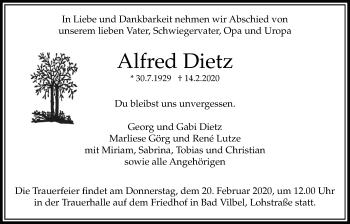 Traueranzeige von Alfred Dietz von Bad Vilbel/Karben