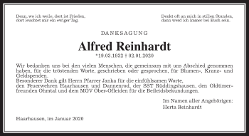 Traueranzeige von Alfred Reinhardt von Giessener Allgemeine, Alsfelder Allgemeine