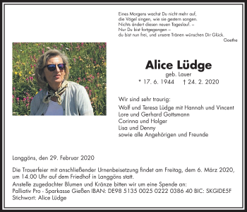 Traueranzeige von Alice Lüdge von Giessener Allgemeine, Alsfelder Allgemeine