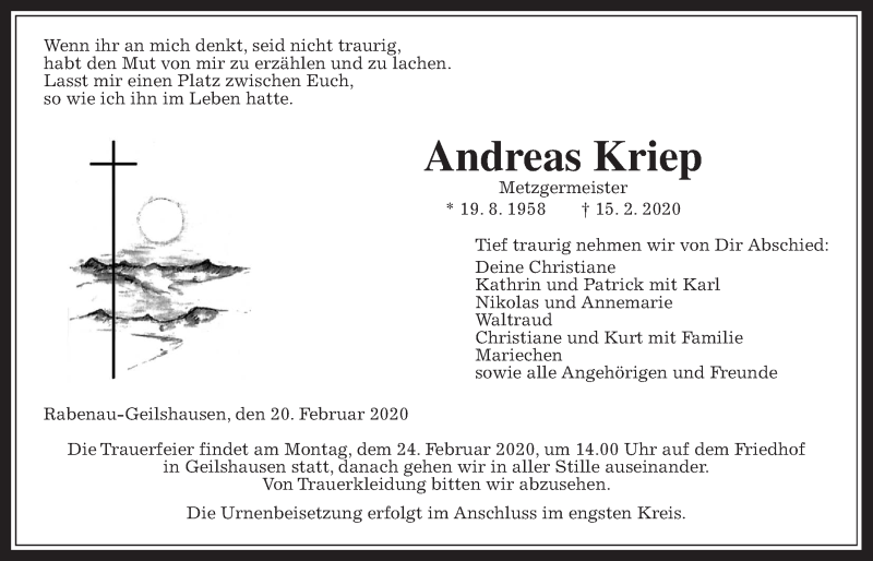  Traueranzeige für Andreas Kriep vom 20.02.2020 aus Giessener Allgemeine, Alsfelder Allgemeine
