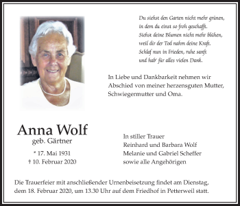 Traueranzeige von Anna Wolf von Bad Vilbel/Karben