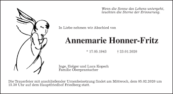 Traueranzeige von Annemarie Honner-Fritz von Wetterauer Zeitung