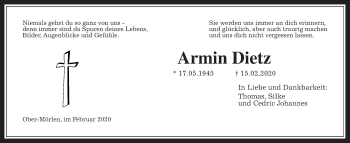 Traueranzeige von Armin Dietz von Wetterauer Zeitung