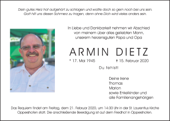 Traueranzeige von Armin Dietz von Wetterauer Zeitung