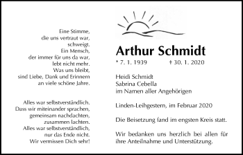 Traueranzeige von Arthur Schmidt von Giessener Allgemeine, Alsfelder Allgemeine
