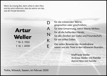 Traueranzeige von Artur Weller von Giessener Allgemeine, Alsfelder Allgemeine