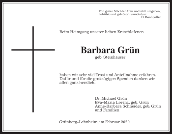 Traueranzeige von Barbara Grün von Giessener Allgemeine, Alsfelder Allgemeine