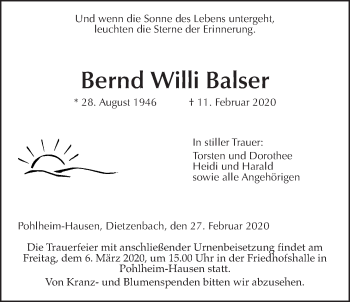 Traueranzeige von Bernd Willi Balser von Pohlheimer Nachrichten