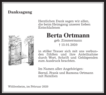 Traueranzeige von Berta Ortmann von Wetterauer Zeitung