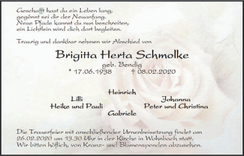 Traueranzeige von Brigitta Herta Schmolke von Wetterauer Zeitung