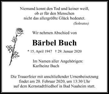 Traueranzeige von Bärbel Buch von Wetterauer Zeitung