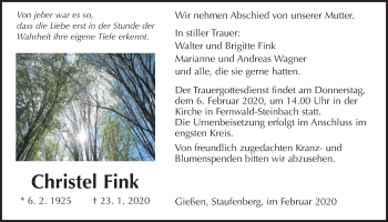Traueranzeige von Christel Fink von Giessener Allgemeine, Alsfelder Allgemeine
