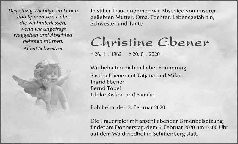  Traueranzeige für Christine Ebener vom 03.02.2020 aus Giessener Allgemeine, Alsfelder Allgemeine