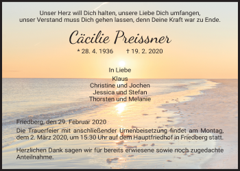 Traueranzeige von Cäcilie Preissner von Wetterauer Zeitung