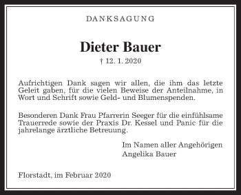 Traueranzeige von Dieter Bauer von Wetterauer Zeitung