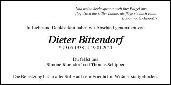 Traueranzeige von Dieter Bittendorf von Giessener Allgemeine, Alsfelder Allgemeine