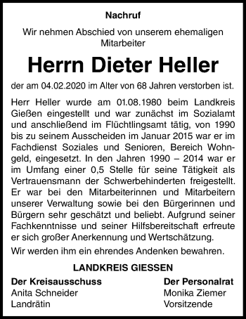 Traueranzeige von Dieter Heller von Giessener Allgemeine, Alsfelder Allgemeine