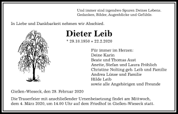 Traueranzeige von Dieter Leib von Giessener Allgemeine, Alsfelder Allgemeine