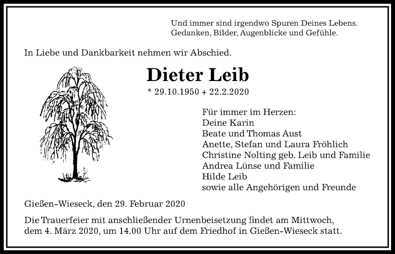  Traueranzeige für Dieter Leib vom 29.02.2020 aus Giessener Allgemeine, Alsfelder Allgemeine