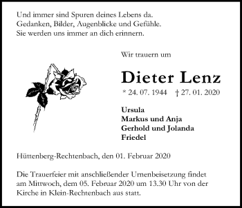 Traueranzeige von Dieter Lenz von Giessener Allgemeine, Alsfelder Allgemeine