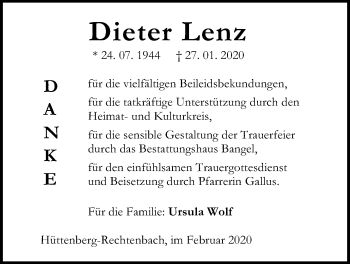Traueranzeige von Dieter Lenz von Giessener Allgemeine, Alsfelder Allgemeine