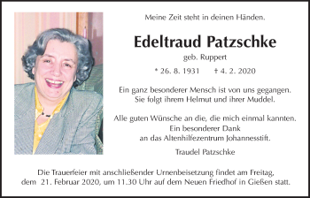 Traueranzeige von Edeltraud Patzschke von Giessener Allgemeine, Alsfelder Allgemeine