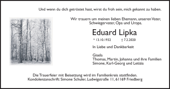 Traueranzeige von Eduard Lipka von Wetterauer Zeitung