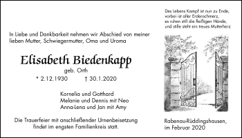 Traueranzeige von Elisabeth Biedenkapp von Rabenauer Zeitung