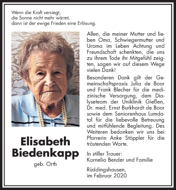 Traueranzeige von Elisabeth Biedenkapp von Rabenauer Zeitung