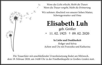 Traueranzeige von Elisabeth Luh von Giessener Allgemeine, Alsfelder Allgemeine