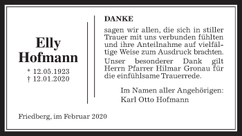 Traueranzeige von Elly Hofmann von Wetterauer Zeitung