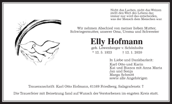 Traueranzeige von Elly Hofmann von Wetterauer Zeitung