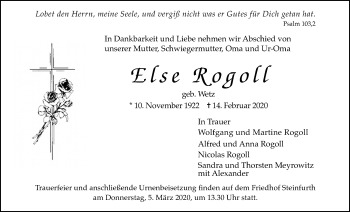 Traueranzeige von Else Rogoll von Wetterauer Zeitung